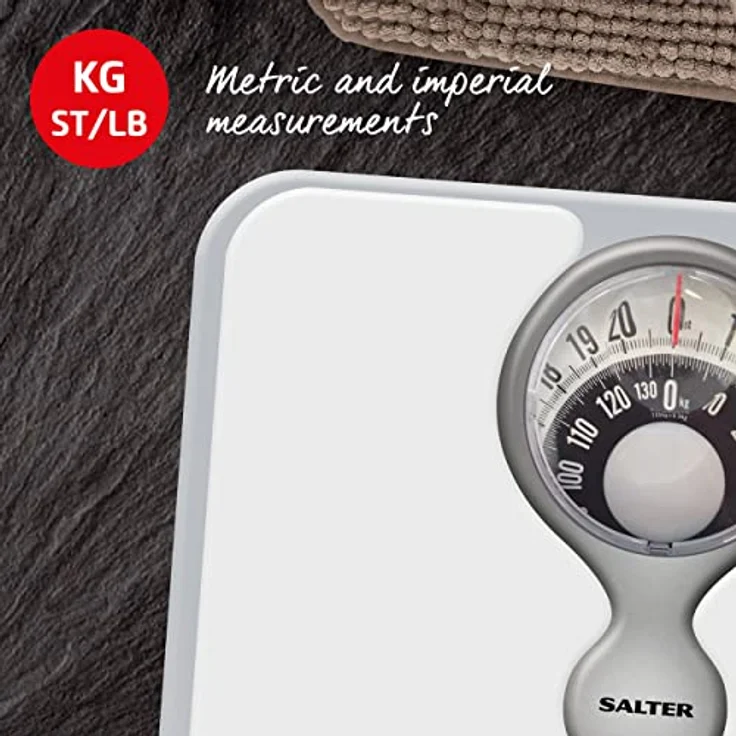Salter 484 WHDR mechanische Körperwaage mit Lupe - Badezimmerwaage, maximal 133kg, kompaktes Personenwaage, einfach ablesbares Zifferblatt, keine Batterien Waage, analog, Gewicht in kg, st/lbs, weiß – Bild 5