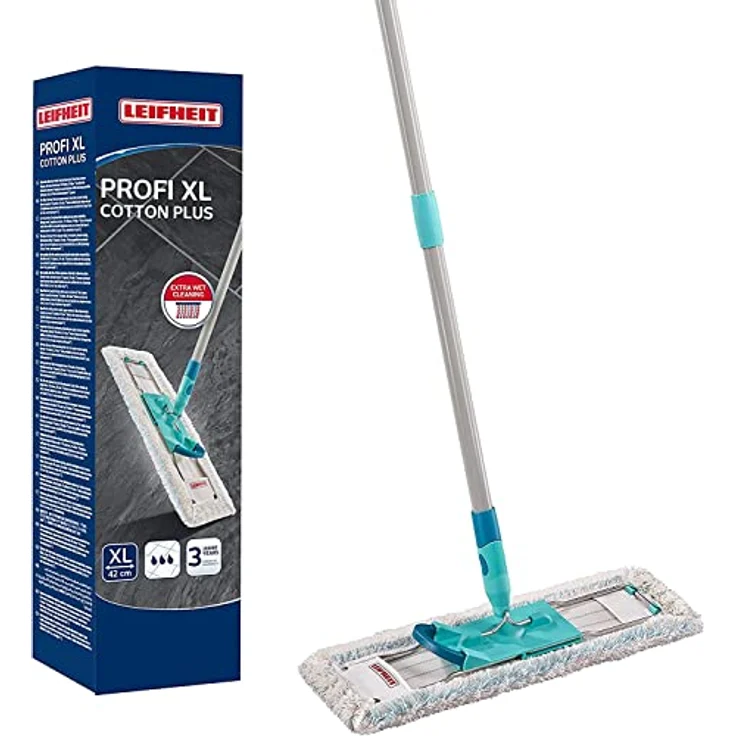 Leifheit rückenschonender Bodenwischer Profi XL cotton plus, Stahlstiel 146cm, Wischmopp mit Fußklick, für Fliesen- umd Steinböden, 360° Drehgelenk, Click-System, Karton – Bild 1