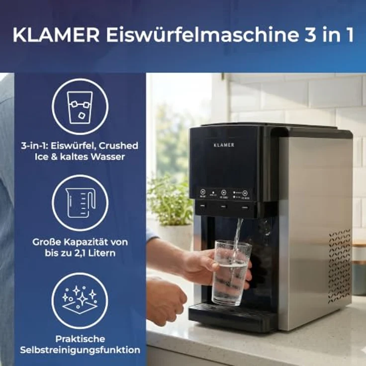 KLAMER 3-in-1 Eiswürfelmaschine mit Crushed Ice, Wasserspender, Selbstreinigung, Edelstahl, Schwarz, 12 Eiswürfel in 7-12 min – Bild 2