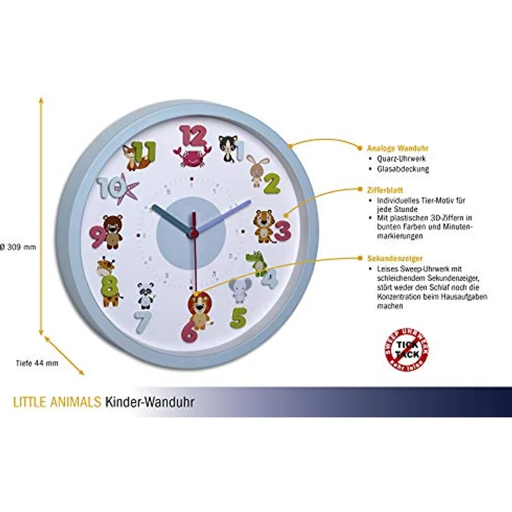 TFA Dostmann Wanduhr für Kinder TFA 60.3051, 3D-Ziffern in bunten Farben, leises Sweep-Werk, Glasabdeckung – Bild 3