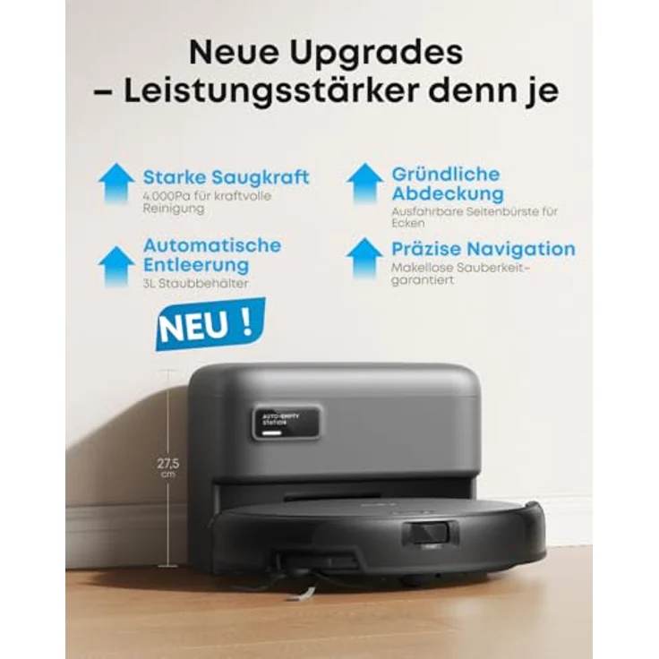 eufy C10 Saugroboter mit Automatischer Absaugstation, 7,3 cm Ultraflaches Design, 4000 Pa Saugkraft, Teppichreinigung, Ausfahrbare Seitenbürste, Punktlaser- & Infrarot-Navigation – Bild 2