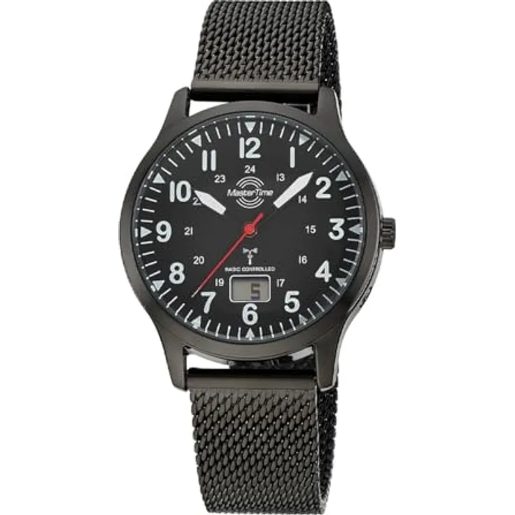 Master Time MTGA-10960-22M, Funk Quarz Herren Uhr Analog-Digital mit schwarzem Edelstahl Milanaise-Armband, automatischer Zeitsynchronisation, ewigen Kalender und hoher Ablesbarkeit