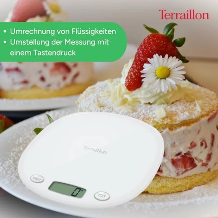 Terraillon Küchenwaage, Mit Tara-Funktion, Flüssigkeitsanzeige, Griffaussparung, Bis 5 kg, Macaron, Weiß – Bild 6
