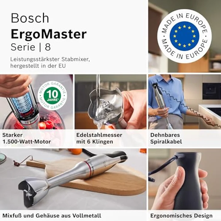 BOSCH Stabmixer ErgoMaster Serie 8, MSM8M934, 1500 W, 6 Klingen Edelstahl, inkl. Doppelschneebesen, Zerkleinerer und Mixbecher, Edelstahl, luftgekühlter Motor – Bild 14