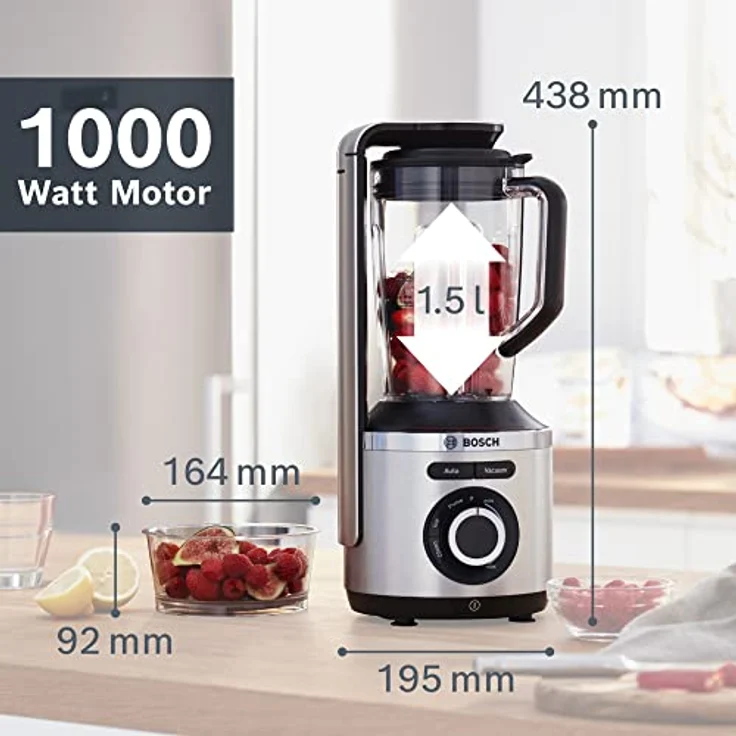 BOSCH MMBV622M VitaMaxx Vakuum-Standmixer (starke Mixleistung, Automatik-Funktion Vakuum+Mixen, Eis-Crusher, Vakuum-Frischhaltedose, 1.000 Watt) silber – Bild 2