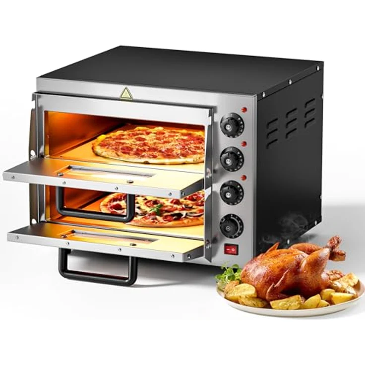 Wiltec 2-Etagen Pizza-Backofen 3000W mit Cordierit Stein für authentisch knusprige Pizzen, Edelstahl Design – Bild 1