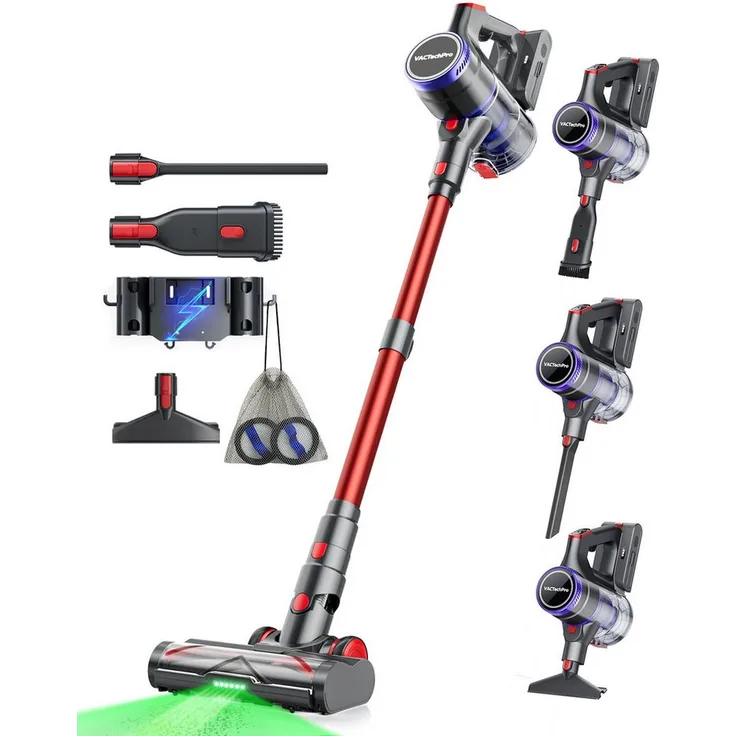 VACTechPro Akku-Hand- und Stielstaubsauger, 48000Pa Saugkraft, 70 Min. Laufzeit, 8-Schicht-Filterung, Anti-Tangle Bodenbürste, Rot