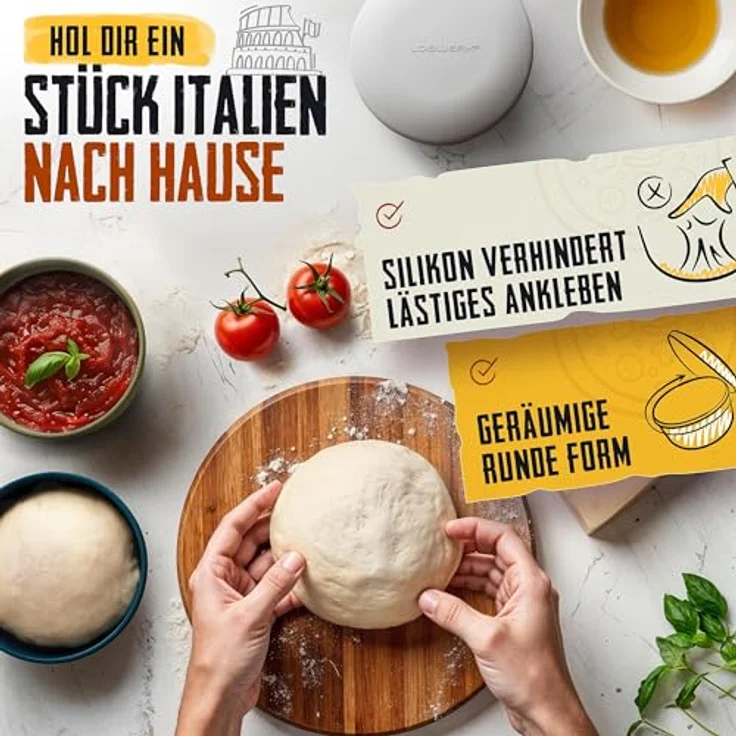 LOEWERK Pizzaballenbox mit Deckel, 4er Set – atmungsaktive Silikon Teigbox für 350g Pizzateig, platzsparend, Olive/Grau – Bild 4