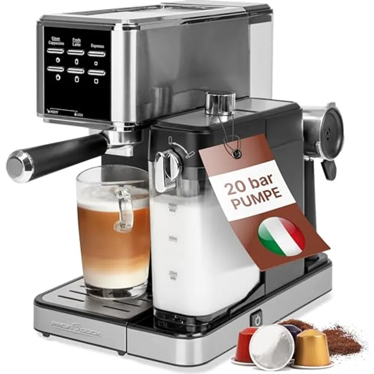 Proficook Espresso-Kaffeemaschine PC-ES-KA 1266, Siebträgermaschine mit automatischem Milchaufschäumer, Silber
