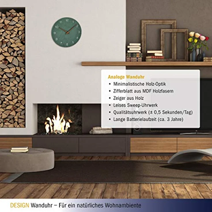 TFA Dostmann Wanduhr analog, 60.3054.04, in Holz-Optik, Quarzuhrwerk mit langer Batterielaufzeit, jadegrün, MDF Holzfaser, (L) 297 x (B) 45 x (H) 297 mm – Bild 3
