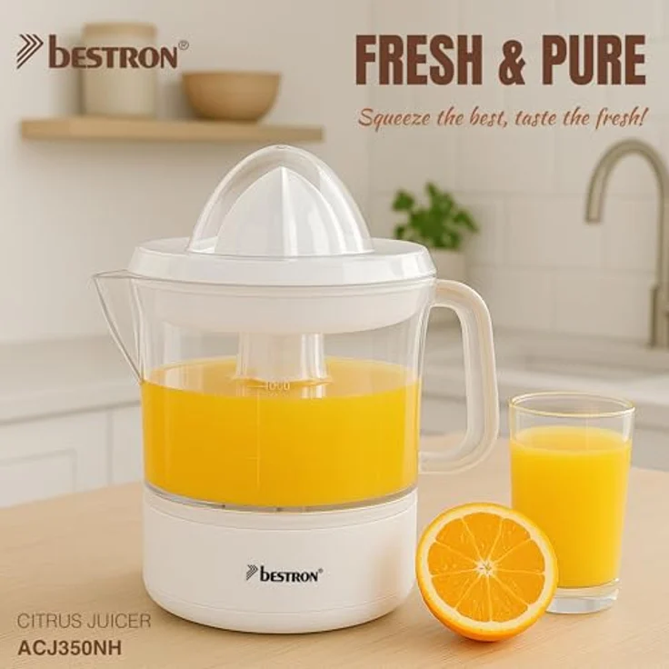 Bestron ACJ350NH, elektrische Zitrus- & Orangenpresse mit 2 Presskegeln, Aromadeckel, Motor mit 2 Drehrichtungen, 0.7 l Füllmenge, Nordic Home Kollektion, mattweiß/Holz – Bild 2