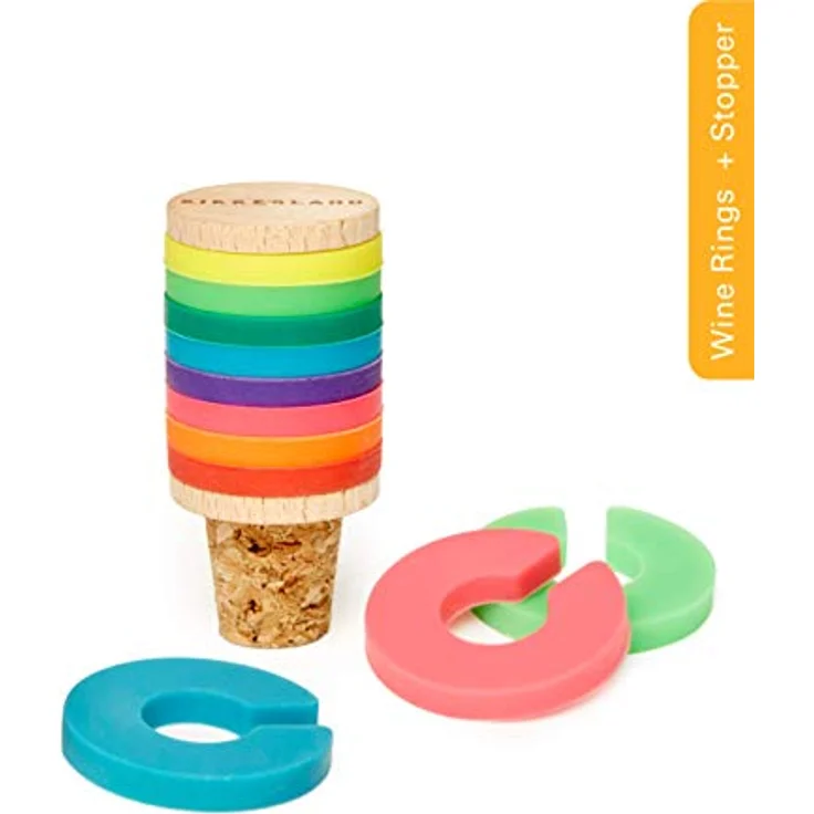 Kikkerland Rainbow Wine Rings + Stopper (BA91) - 8er Set Glasmarkierer in Regenbogenfarben, spülmaschinengeeignet – Bild 5