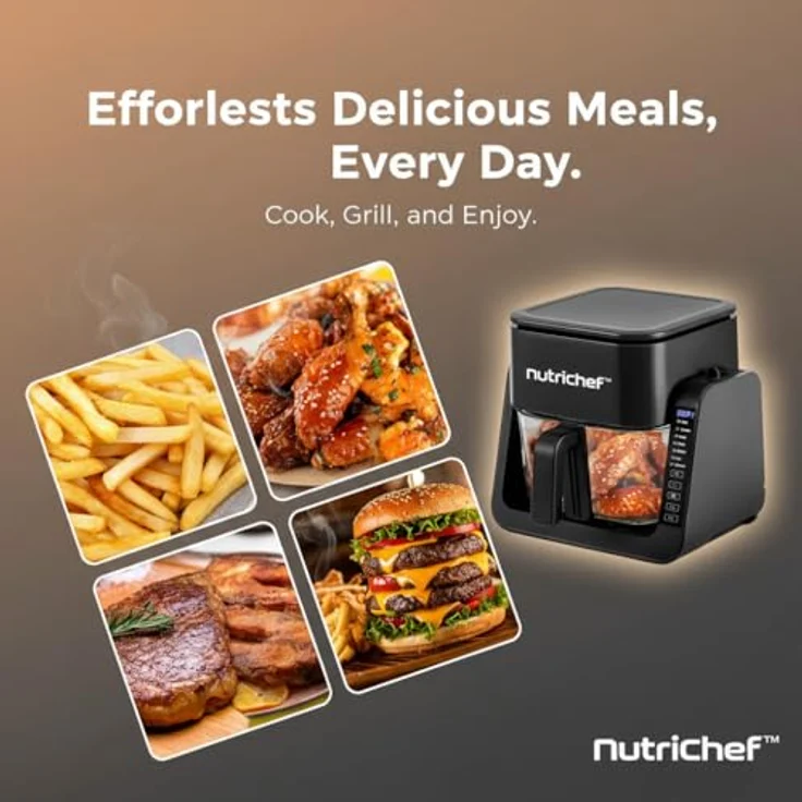 NutriChef 4L Airfryer & Elektrogrill, 7-in-1 Heißluftfritteuse mit 1500 W, 1.2L Grillfläche, transparentem Sichtfenster, schwarz – Bild 2