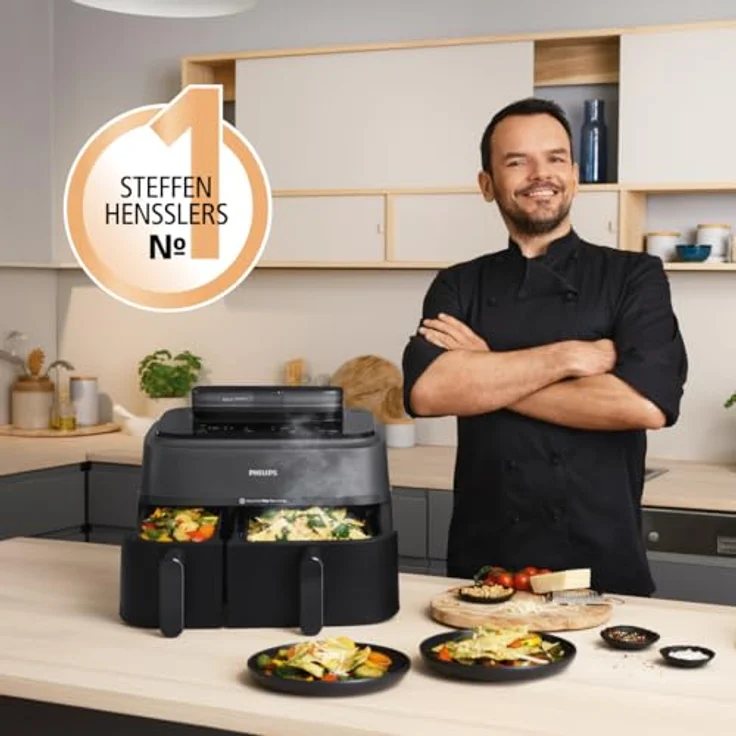 Philips Steam Airfryer Dual Basket 5000 Series, Heißluftfritteuse & Dampfgarer, 9L, 2 Körbe, RapidAir Plus Technik, 19 Kochfunktionen, 90% weniger Fett, Dampfreinigung (NA550/00) – Bild 2
