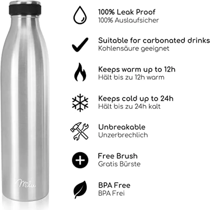 Milu Edelstahl Trinkflasche 750ml, doppelwandige isolierte Wasserflasche, auslaufsicher, kohlensäuregeeignet, inkl. Reinigungsbürste – Bild 2