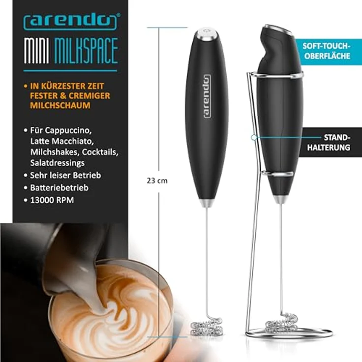 Arendo - Stab Milchaufschäumer elektrisch - MINI MILKSPACE - Motor mit 13.000 U/min - Dual-Quirl und Schneebesen - Batteriebetrieben - Cappuccino Shakes Cocktails - Soft-Touch-Oberfläche - inkl. Ständer – Bild 2
