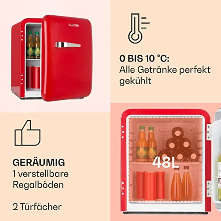 Klarstein Mini Kühlschrank für Zimmer, 48L Mini-Kühlschrank für Getränke, Snacks & Kosmetik, Leise & Retro-Design, Skincare Kühlschrank 0-10°C – Bild 4