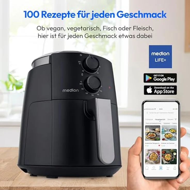 MEDION P30 L Heißluftfritteuse (4,7 Liter, 1500 Watt, einfache Bedienung, ölfreies Frittieren, 60 Min Timer, bis zu 200° C, Antihaft-Beschichtung, MD13020) schwarz – Bild 2