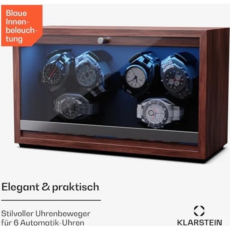 Klarstein Uhrenbeweger Brienz 6, Uhrenbox mit 6 Memory-Schaum-Kissen und blauer LED-Beleuchtung, Walnuss-Look – Bild 2