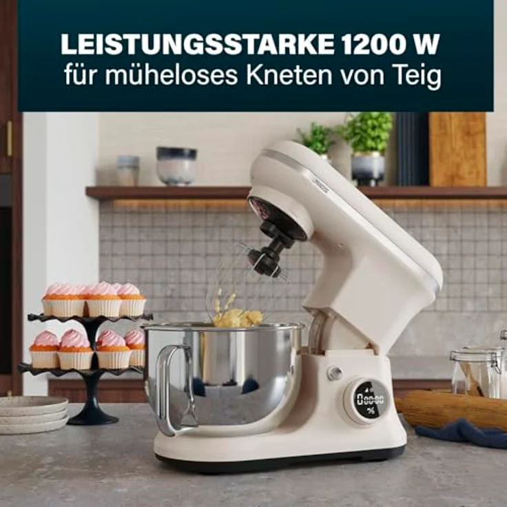 Princess Nordic Digital Küchenmaschine, 5-Liter-Edelstahlschüssel, 8 Geschwindigkeiten, Eismaschinenaufsatz, 1200 W, BPA-frei, rutschfeste Füße, spülmaschinenfest, beige – Bild 4