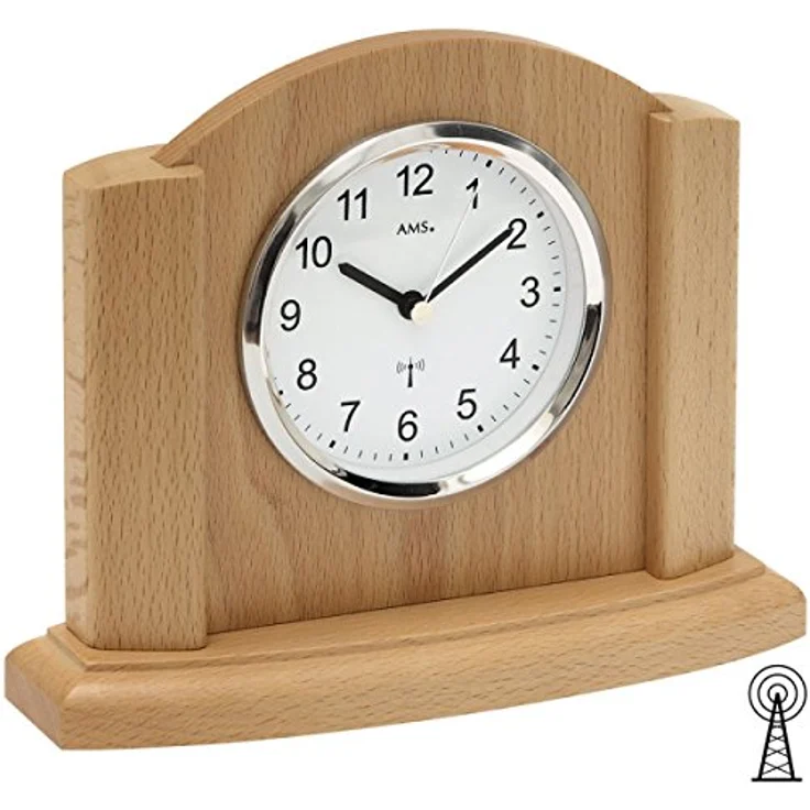 AMS Funktischuhr F5122/18, elegante Tischuhr aus Holz in buchefarben, Made in Germany – Bild 2