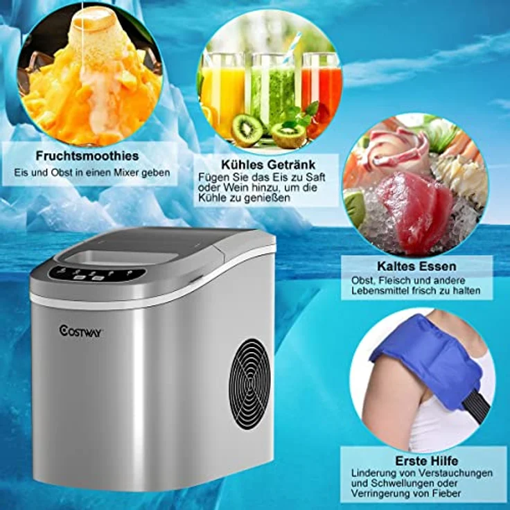 COSTWAY Eiswürfelmaschine 12KG/24H, Ice Maker 9 Eiswürfel in 6-13min, Eismaschine 2,2L Wassertank, Eiswürfelbereiter 2 Eiswürfelgrößen inkl. Schaufel, 25x36x33cm (Silber) – Bild 3