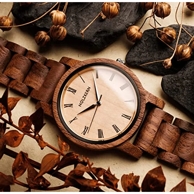 Holzkern Quarzuhr Herbstdämmerung, Unisex-Armbanduhr aus Walnuss/Ahorn mit japanischem Quarzwerk, polierten Zeigern und römischen Ziffern, spritzwassergeschützt – Bild 2