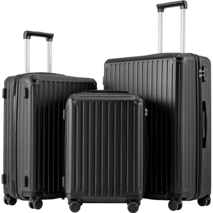 COOLIFE Kofferset, 3-teiliges Hartschalen-Reisekofferset aus ABS mit TSA-Schloss, Teleskopgriff und 4 Zwillingsrollen, schwarz