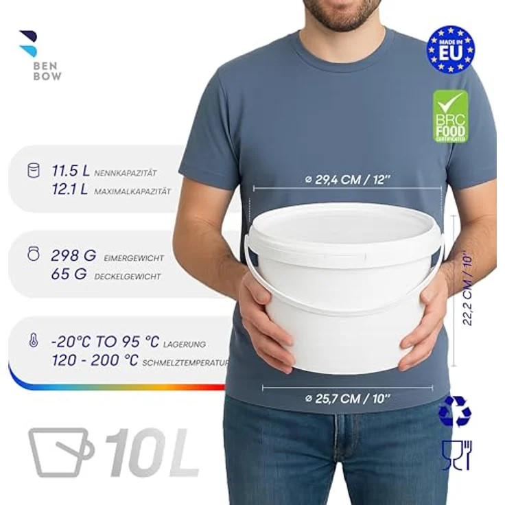BenBow Eimer mit Deckel 10l, lebensmittelecht, stabil, luftdicht, auslaufsicher, geruchsneutral, weiß – Bild 2