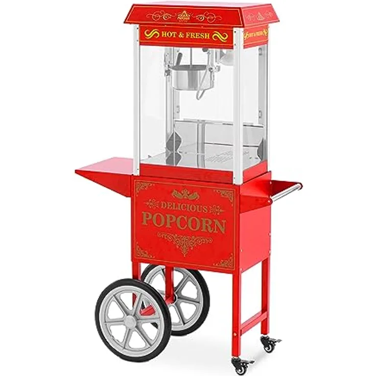 Royal Catering RCPW-16E.1-2F Popcornmaschine mit Wagen Retro-Design 150 / 180 °C 2 Temperaturen für süßes und salziges Popcorn rot Popcornmaker Popcorn-Automat