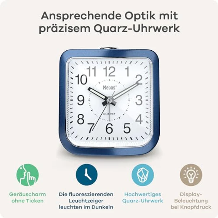 Mebus Quarzwecker Modell 26158, geräuscharm ohne Ticken, Leuchtzeiger, Alarm mit Snooze-Funktion, Zifferblattbeleuchtung, Farbe: Blau – Bild 2