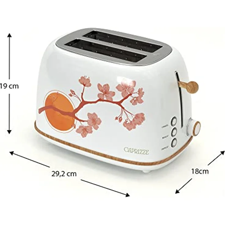 Caprizze Kaito Toaster, extra breiter Doppelschlitz 3,8 cm / 13,5 cm, 6 Toaststufen, Blumendekor und Holzeffekt, mattweiß – Bild 4