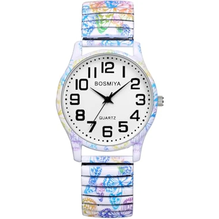 JewelryWe Damen Armbanduhr, Elastisches Edelstahlarmband mit Böhmischen Schmetterling Blumen Druck, Analog Quarz Uhr mit großen arabischen Ziffern, Wasserdicht 1 ATM – Bild 1