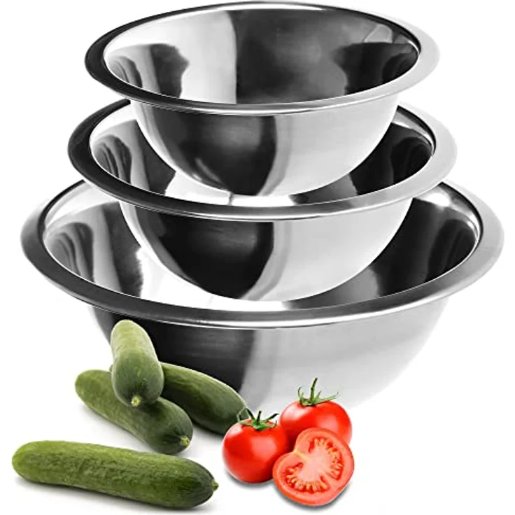 com-four® 3-teiliges Edelstahlschüssel-Set, hochwertig und dekorativ, in 3 Größen (Ø 18/20/24 cm), spülmaschinengeeignet, silberfarben – Bild 1
