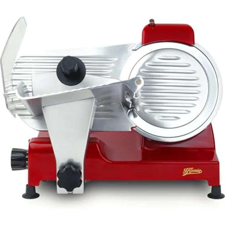 H.Koenig Elektrischer Aufschnittmaschine MSX224, italienische Klinge 20 cm, Schnittstärke 0-12 mm, integrierter Messerschärfer, 282 U/min, rot – Bild 2
