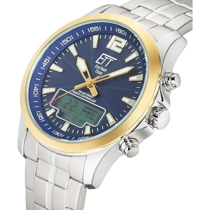 ETT Eco Tech Time EGA-11717-31M, Funk-Solar Herren Uhr mit Edelstahl Armband, analog mit digitalem Datum, wasserdicht bis 5 Bar, silber-gold mit blauem Zifferblatt – Bild 2