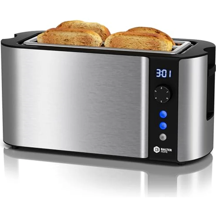 Balter TS-04-LCD, 4-Scheiben Langschlitztoaster mit 1500W, LCD Display, Restzeitanzeige, Doppelwandgehäuse, Brötchenaufsatz, Auftaufunktion, Silver – Bild 1