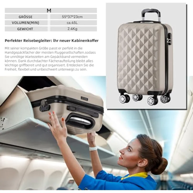 BEIBYE Kofferset Hartschale Trolley mit 4 Zwillingsrollen, integriertes Sicherheits-Zahlenschloss, 360° Rollen System, in Champagner (M: 55x34x22cm, XL und L mit Dehnungsfuge) – Bild 3