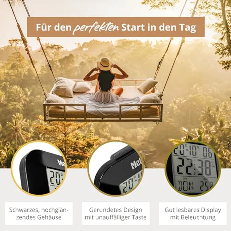 Mebus digitaler Funkwecker Modell 51510, mit Thermometer, Datumsanzeige und Snooze-Funktion, Schwarz, 8 x 8,5 x 1,8 cm – Bild 4