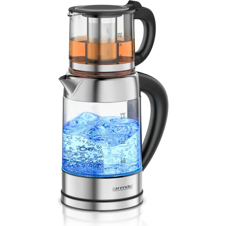 Arendo BLOOM DUO Wasserkocher aus Glas & Edelstahl, 1,7 l, mit Temperatureinstellung 40–100 °C, Teesieb, Warmhaltefunktion, LED-Farbring, BPA-frei, 2200 W