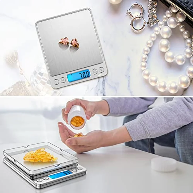 Brifit Feinwaage, Digitalwaage 500g mit 100g Edelstahl Kalibriergewicht, PCS-Funktion, Tara-Funktion, 6 Einheiten Konvertierung, Auto-Off, Silber – Bild 2