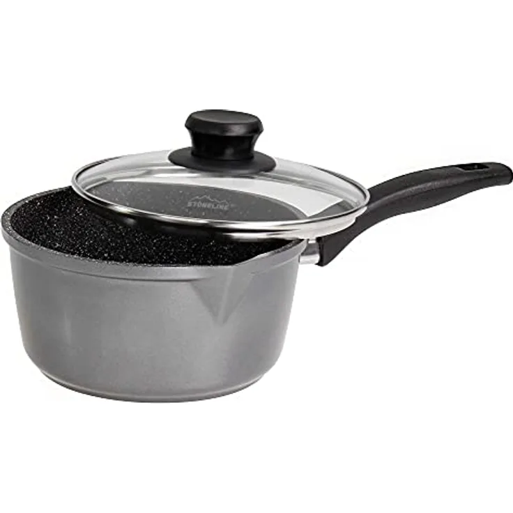 STONELINE® Stielkasserolle 18 cm, mit Glasdeckel, induktionsgeeignet, Aluguss, Antihaftbeschichtung mit echten Steinpartikeln, grau
