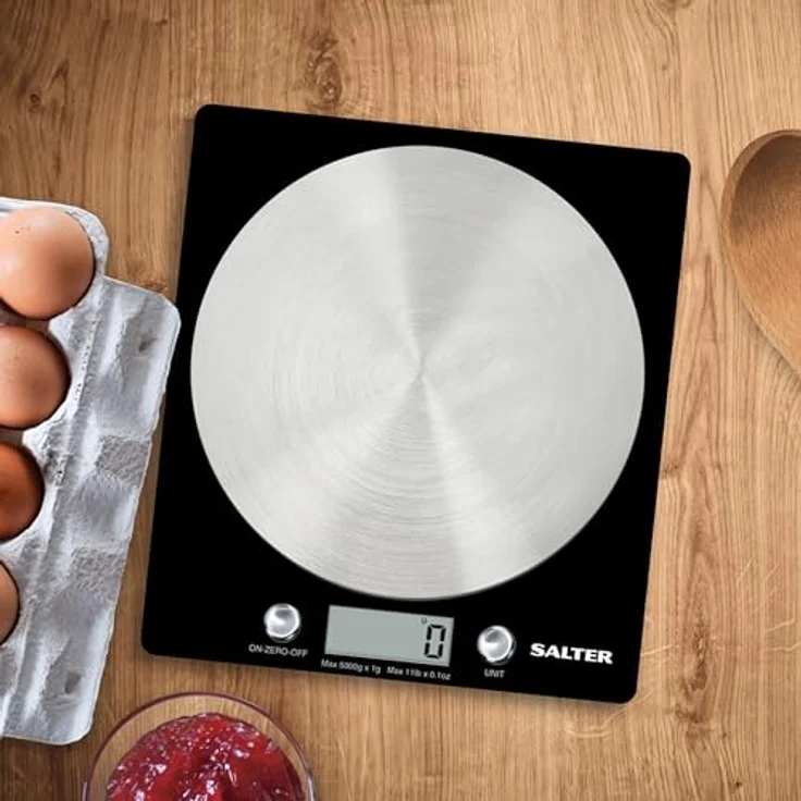 SALTER Digitale Küchenwaage mit Edelstahl Plattform, Elektronische Waage für die Küche, Wiegen von Lebensmitteln mit einer Kapazität von 5kg, Flüssigkeiten in ml + fl. Oz. – Bild 2