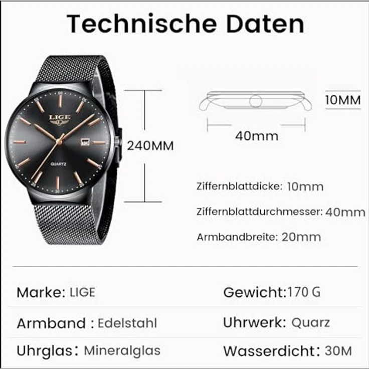 LIGE Ultra Dünne Herren Armbanduhr, analoge Quarzuhr mit Roségoldzeigern und Kalender, Edelstahl-Gitterarmband, 3ATM wasserdicht, für Business und Freizeit – Bild 4