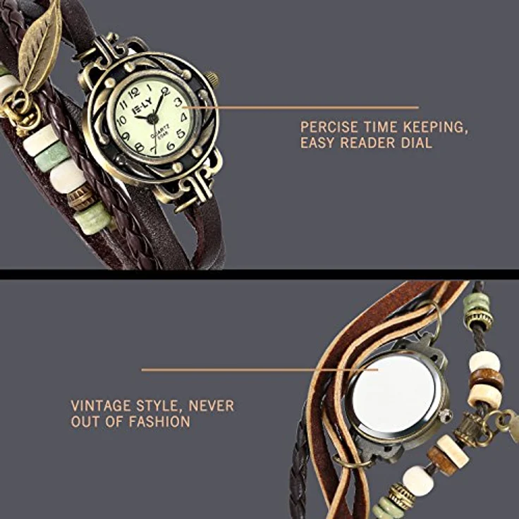 JewelryWe Damen Armbanduhr, Retro geflochtenes Lederarmband mit Quarzwerk und Baum Blatt Anhänger, Braun Bronze – Bild 5