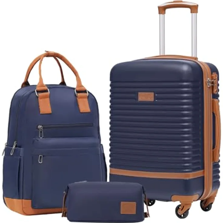 COOLIFE Koffer Trolley Set, 3-tlg. Handgepäck Koffer (56x40x24cm) aus robustem ABS mit 4 Rollen, TSA-Schloss, Reiserucksack und Kulturbeutel, Blau/Braun