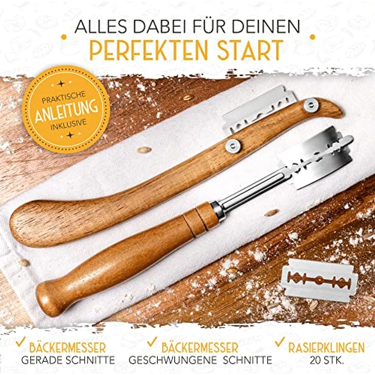 KRUSTENZAUBER Gärkorb + Bäckermesser - Set aus 2x Gärkörbchen u. 2x Teigmesser - Brot Backen Zubehör, Rattan, inkl. 20 Klingen – Bild 5