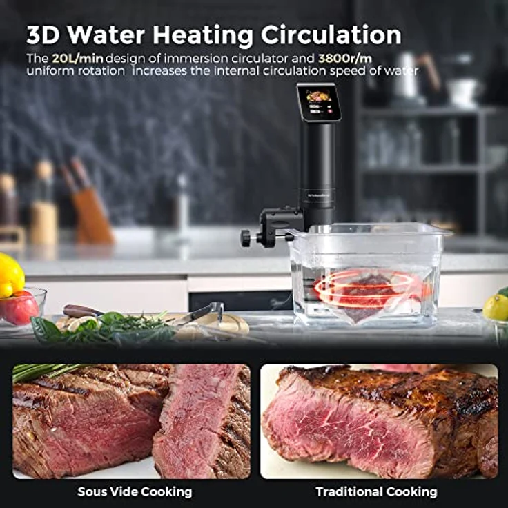 KitchenBoss Sous Vide Garer Stick WLAN: G330 Wifi Präzisionskocher Präziser Temperatureinstellung bis 90°C IPX7 Wasserdicht TFT Touch-Display Immersion Tauchzikulator 360° Zirkulation mit Timer – Bild 3