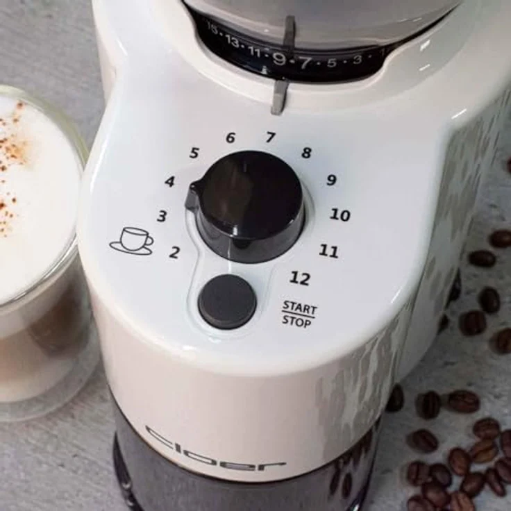 Cloer 7521 Elektrische Kaffeemühle mit Kegelmahlwerk, 2-12 Tassen, 300 g Kaffeebohnen, 150 W, verstellbarer Mahlgrad, Kunststoff, weiß – Bild 4
