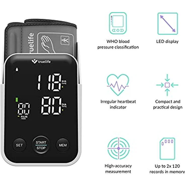 TrueLife Pulse B-Vision Blutdruckmessgerät Oberarm mit LED-Display, Digital Messgerät, Bewegungsanzeige, Arrhythmie-Erkennung & Pulsmessung, 2×120 Speicher, WHO Ampel-Farbskala, Zwei Betriebsarten – Bild 4